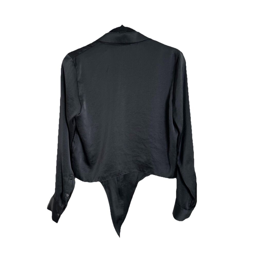 Aritzia Wilfred Tie-Front Blouse Womens Small Black Cupro Satin Long Sleeve Crop - Picture 2 of 9